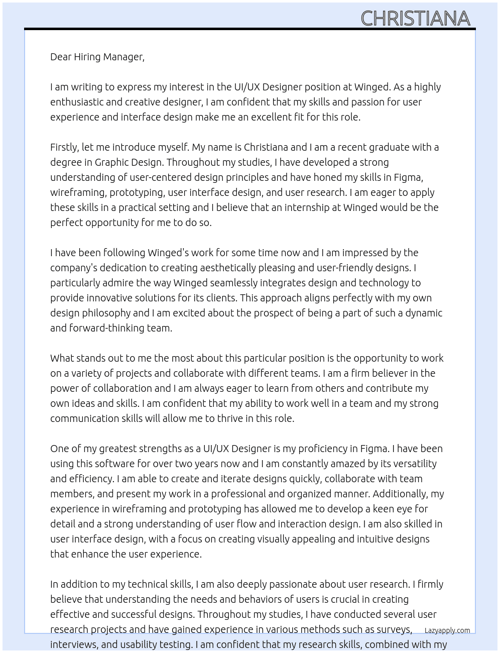 UI/UX Designer  At Winged Cover Letter