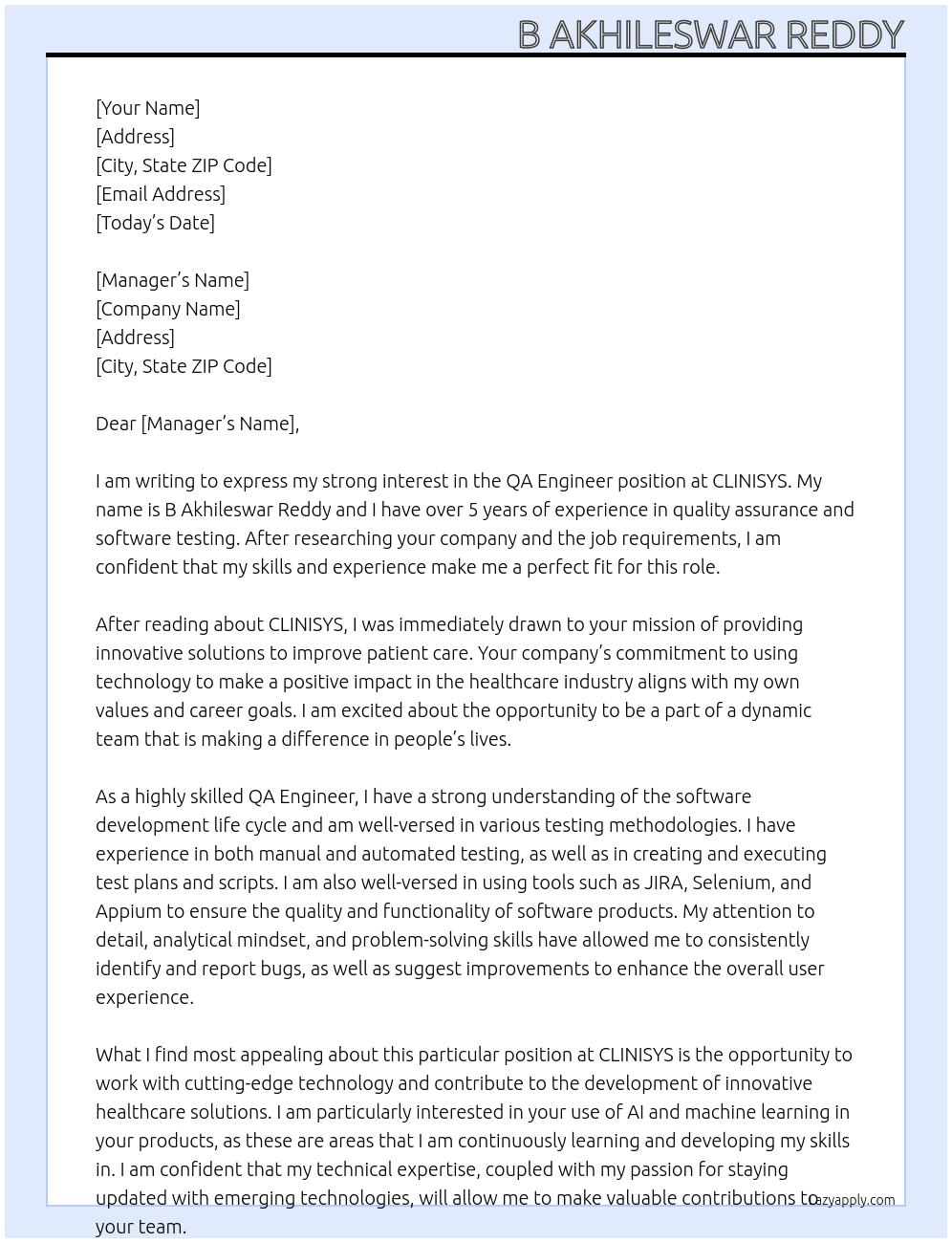 QA engineer At CLINISYS Cover Letter