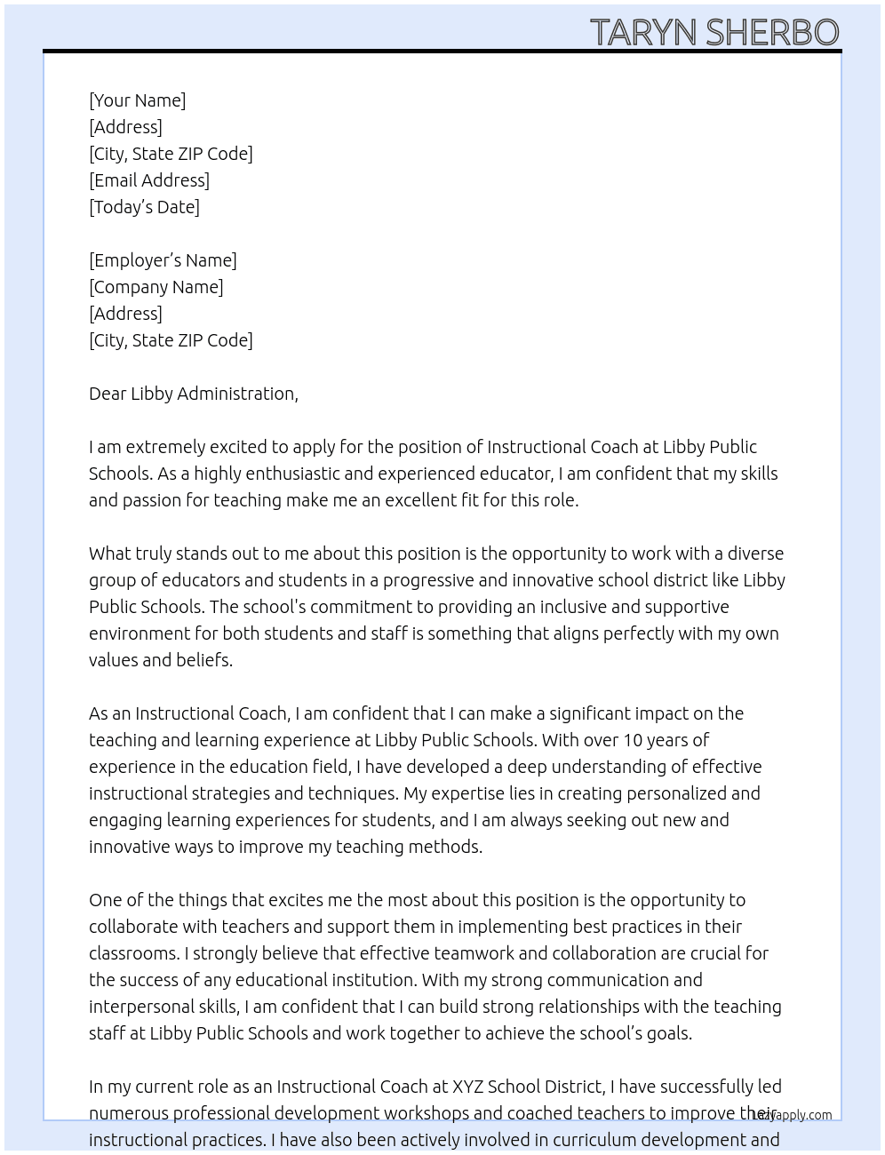Instructional Coach At Libby Public Schools Cover Letter