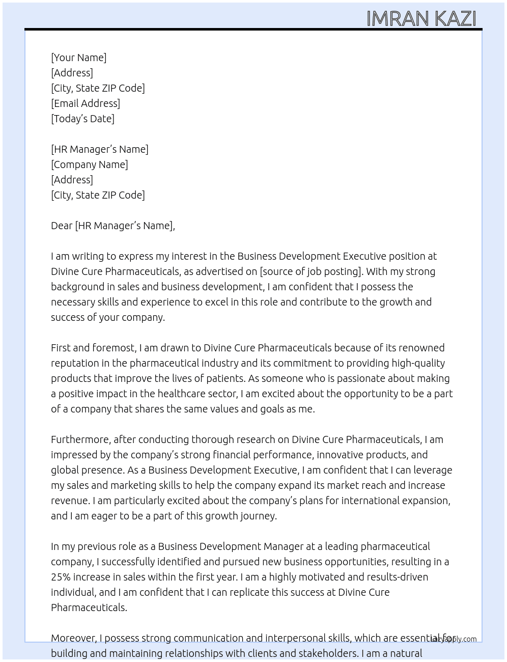 Business Development Executive  At Divine Cure Pharmaceuticals Cover Letter