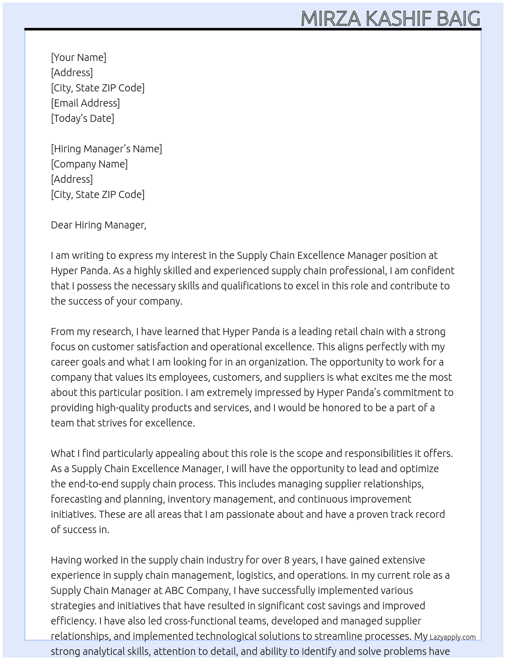 Supply Chain Excellence Manager At Hyper Panda Cover Letter