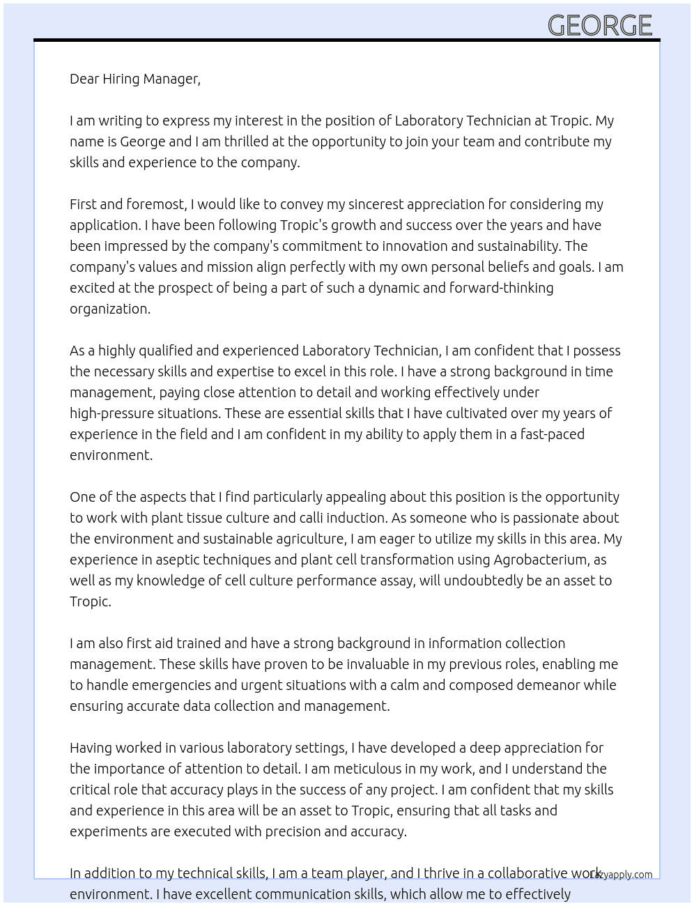 Laboratory Technician  At Tropic Cover Letter