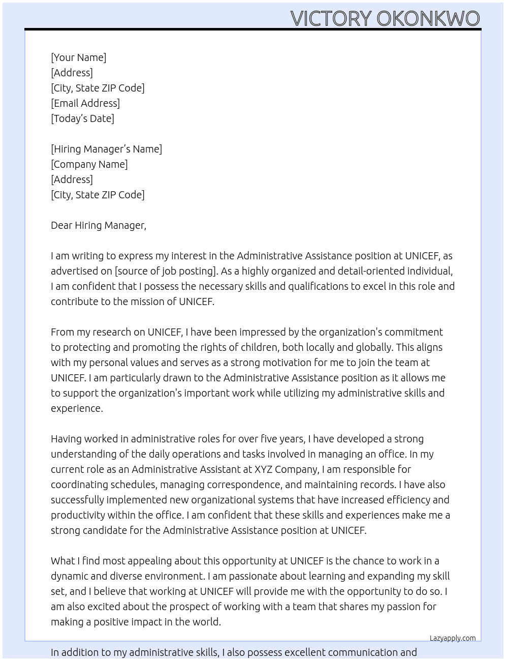 Administrative Assistance At UNICEF Cover Letter