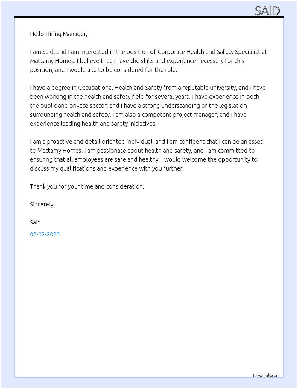 Cover letter for corporate health and safety specialist - LazyApply