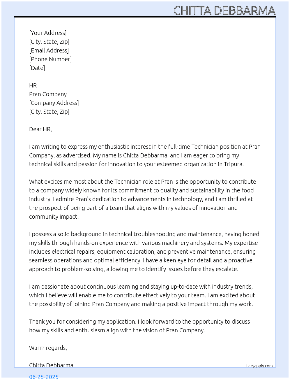 Technician At Pran company Cover Letter