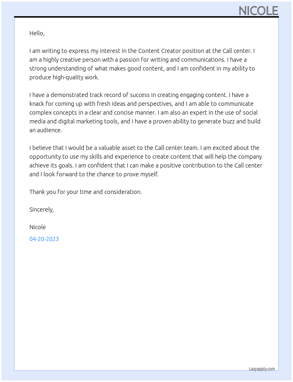 Content Creator At Call center Cover Letter