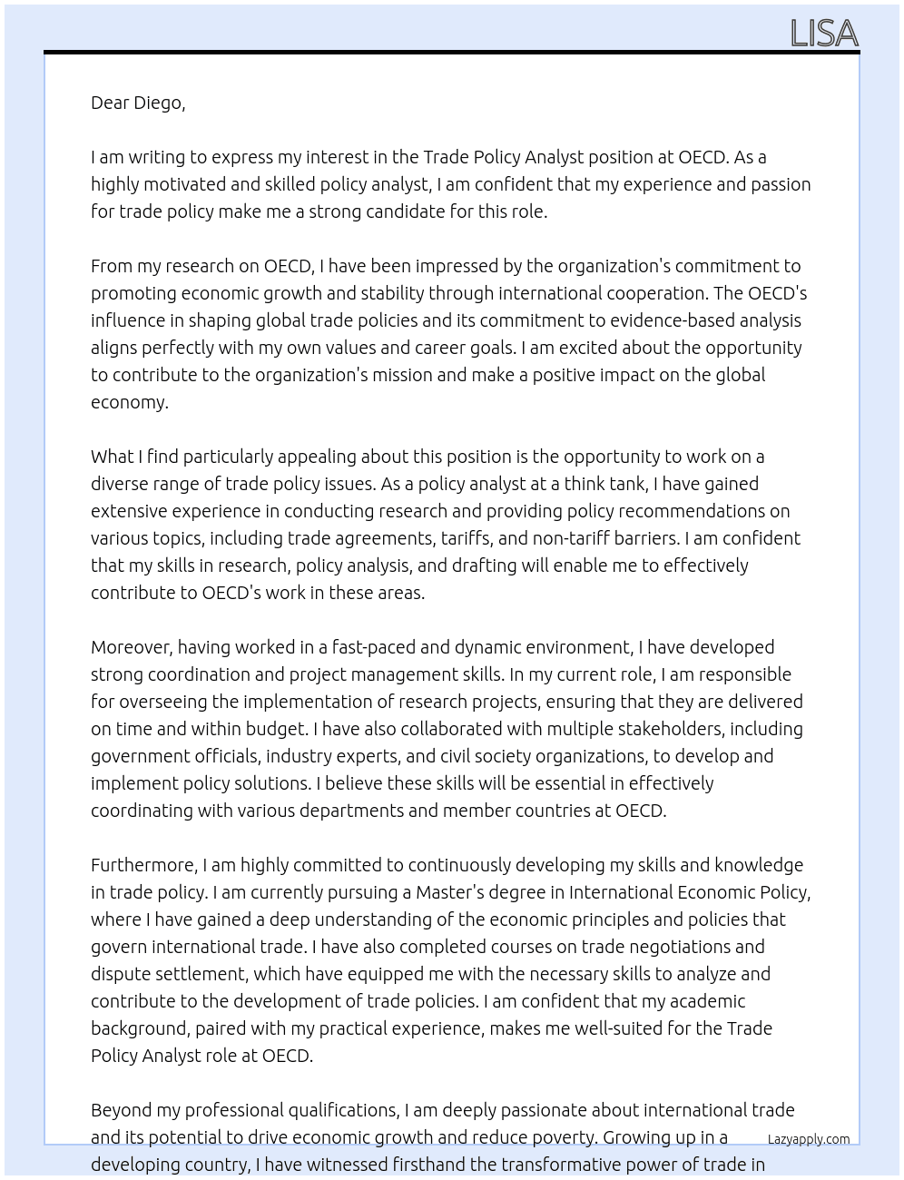 Trade Policy Analyst At OECD Cover Letter