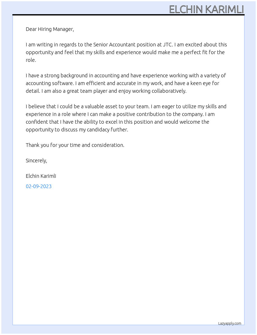 Senior Accountant At JTC Cover Letter