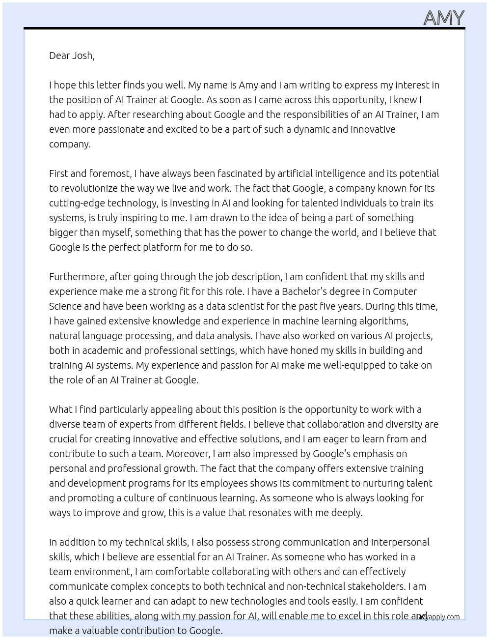 AI Trainer At Google Cover Letter