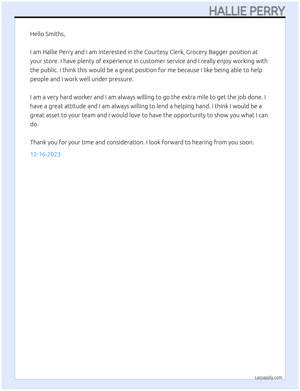Courtesy Clerk, Grocery Bagger At Smiths Cover Letter