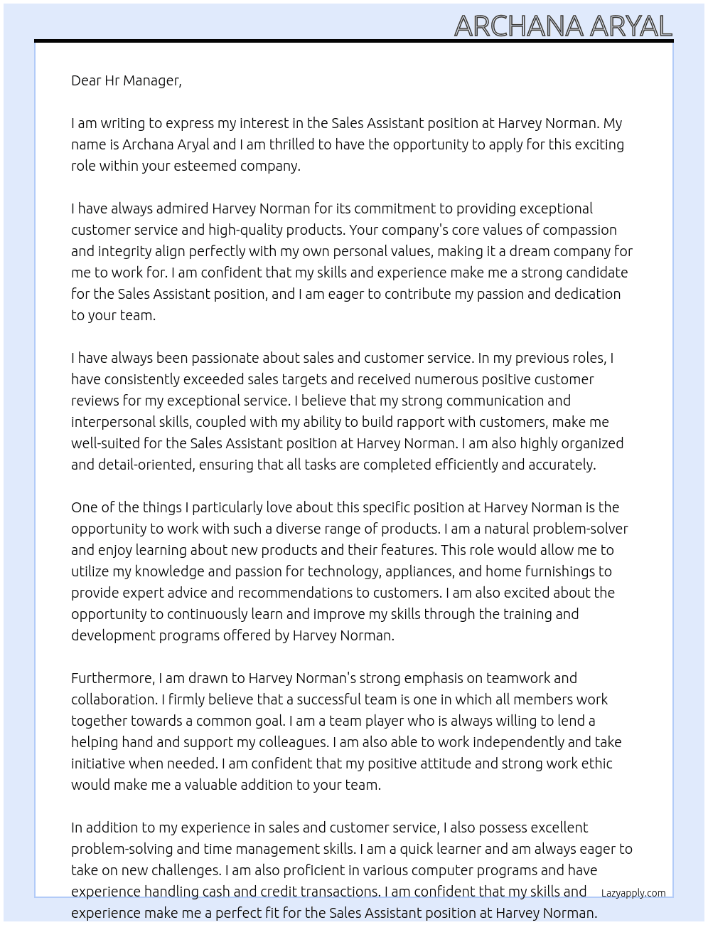 Sales Assistant  At Harvey Norman Cover Letter