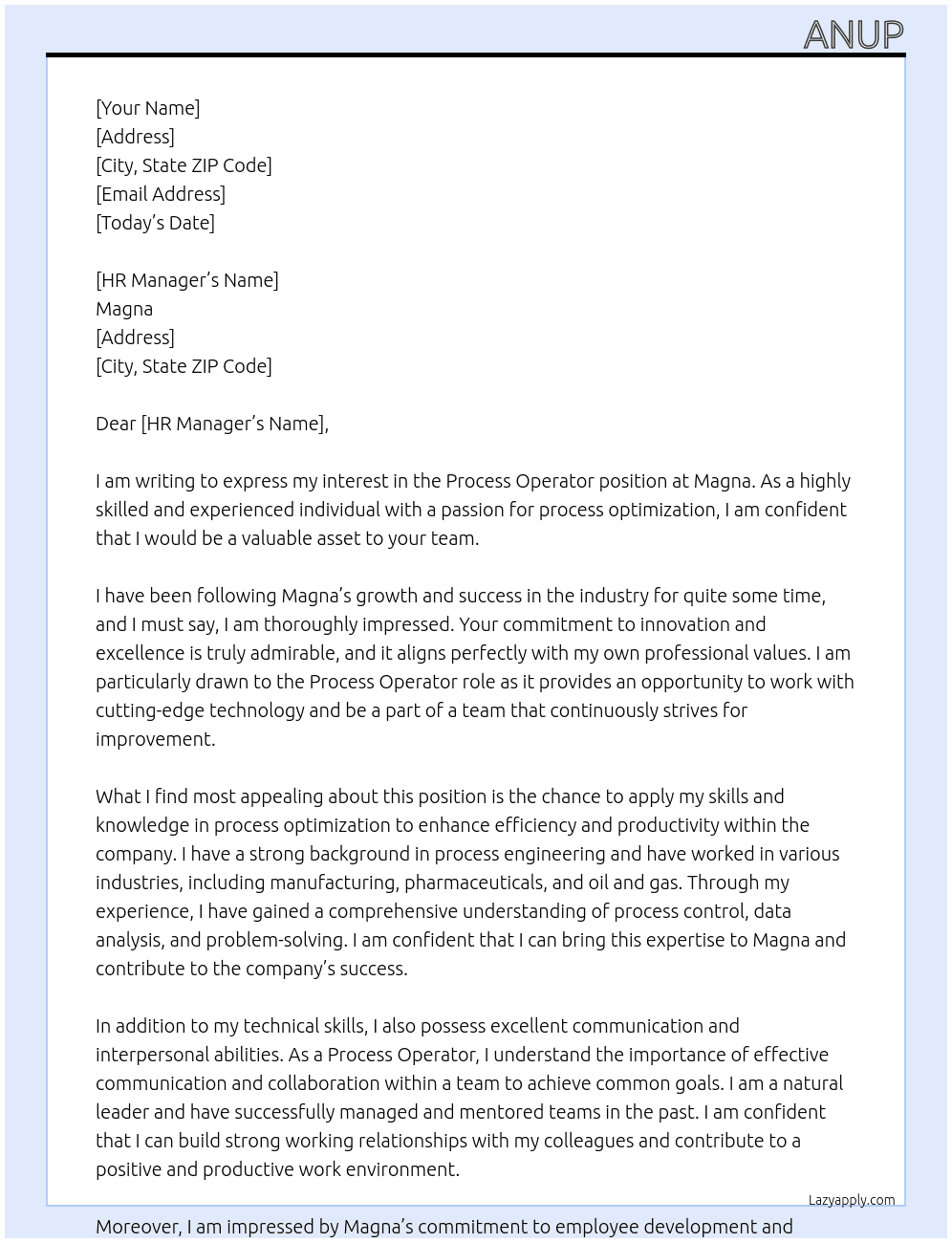 Process Operator At Magna Cover Letter