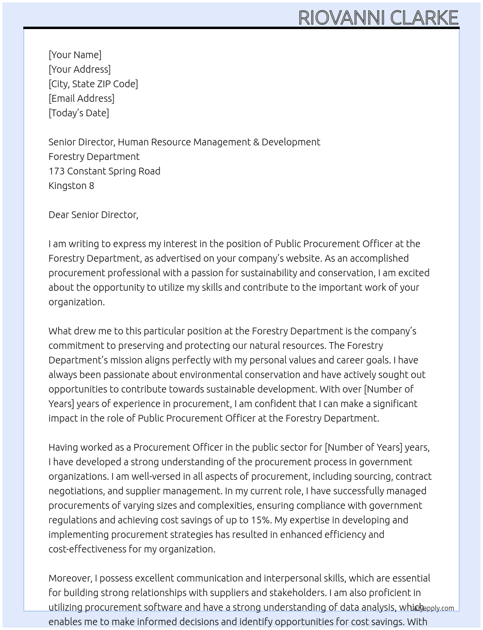 Public Procurement Officer At  Forestry Department  Cover Letter