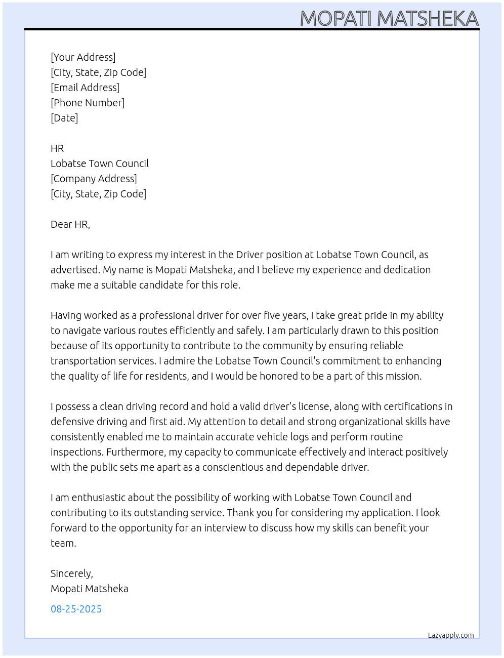 driver At Lobatse Town council Cover Letter