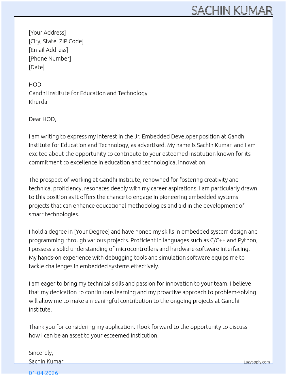 Cover letter for jr.embedded developers - LazyApply