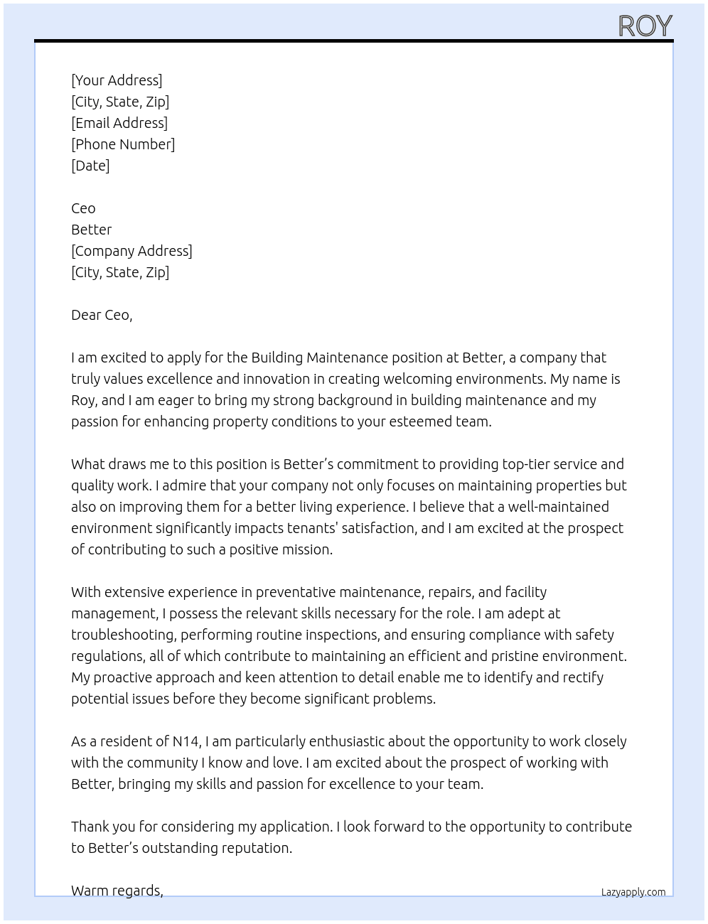 Building maintenance  At Better Cover Letter