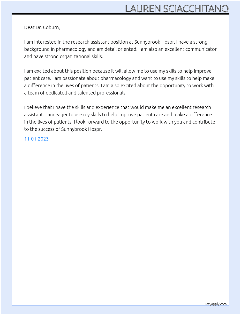 research assistant At Sunnybrook Hospr Cover Letter