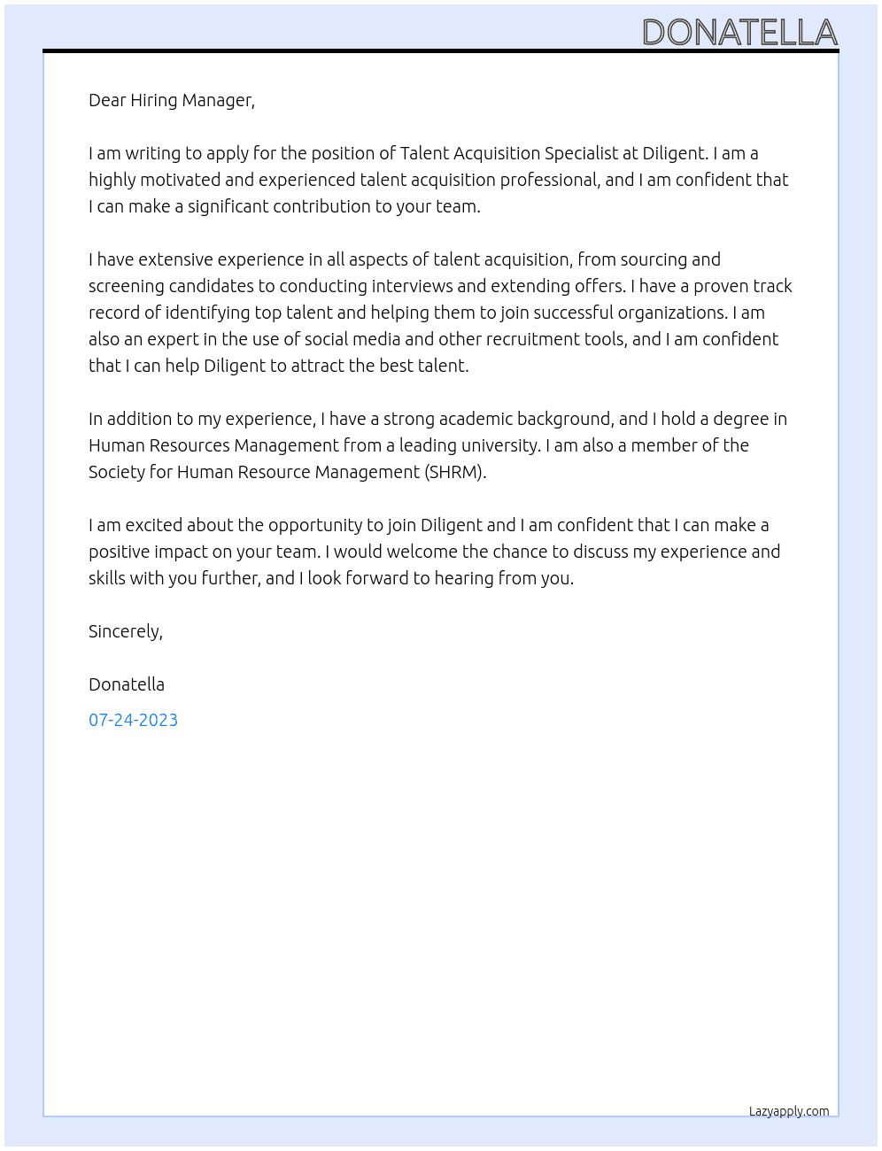 Talent Acquisition Specialist At Diligent Cover Letter