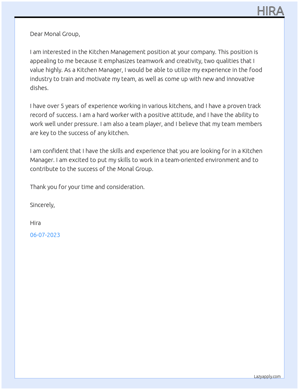 Kitchen Management At Monal Group Cover Letter