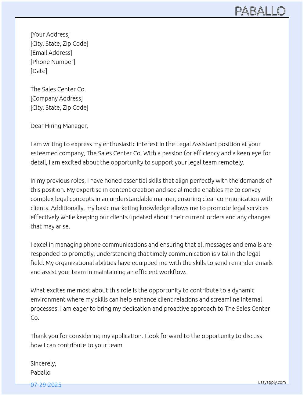 Legal Assistant  At Unknown  Cover Letter