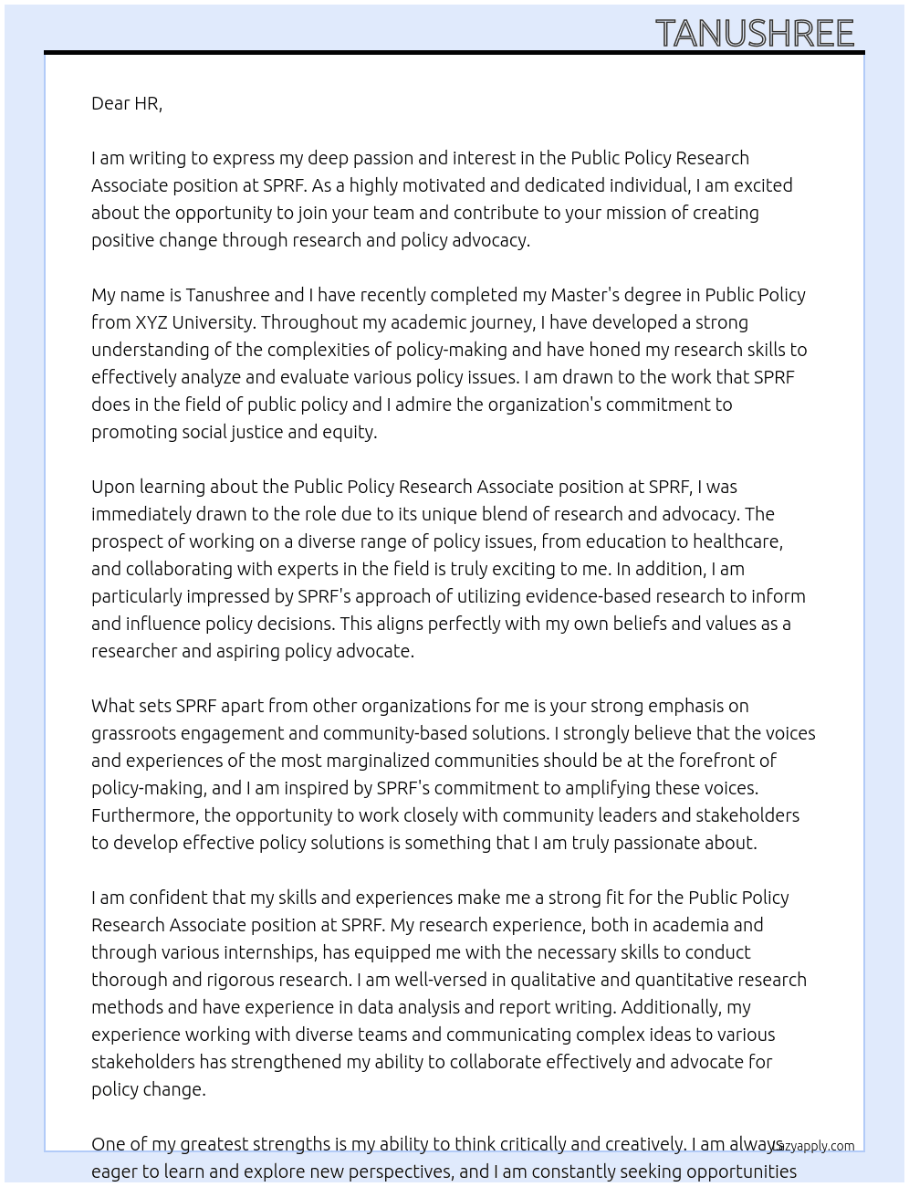 Public policy research associate At SPRF Cover Letter