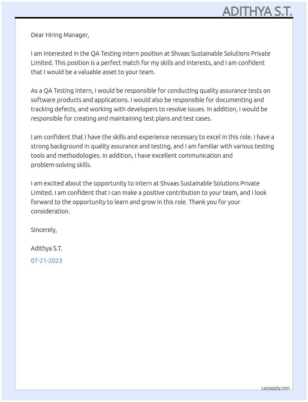 QA Testing Intern At Shvaas Sustainable Solutions Private Limited Cover Letter