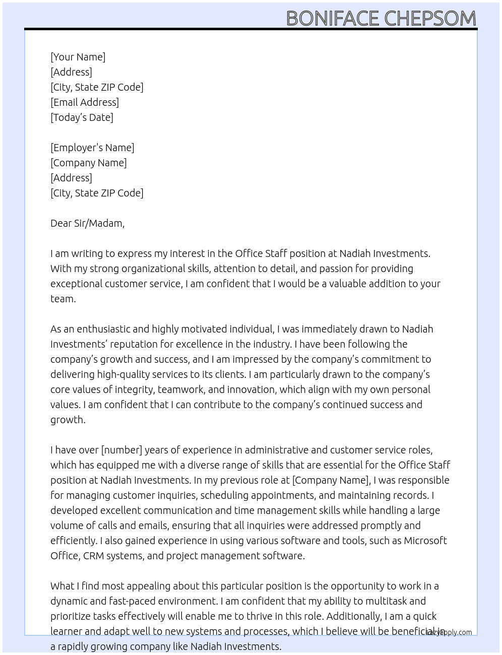 Office staff At Nadiah Investments Cover Letter