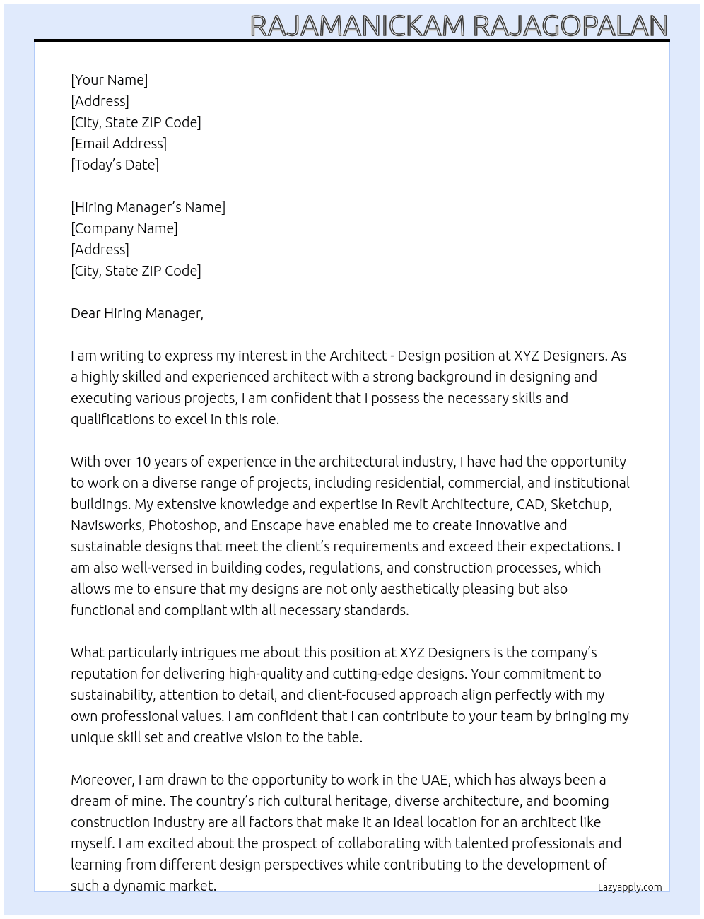 Architect - Design At XYZ Designers Cover Letter
