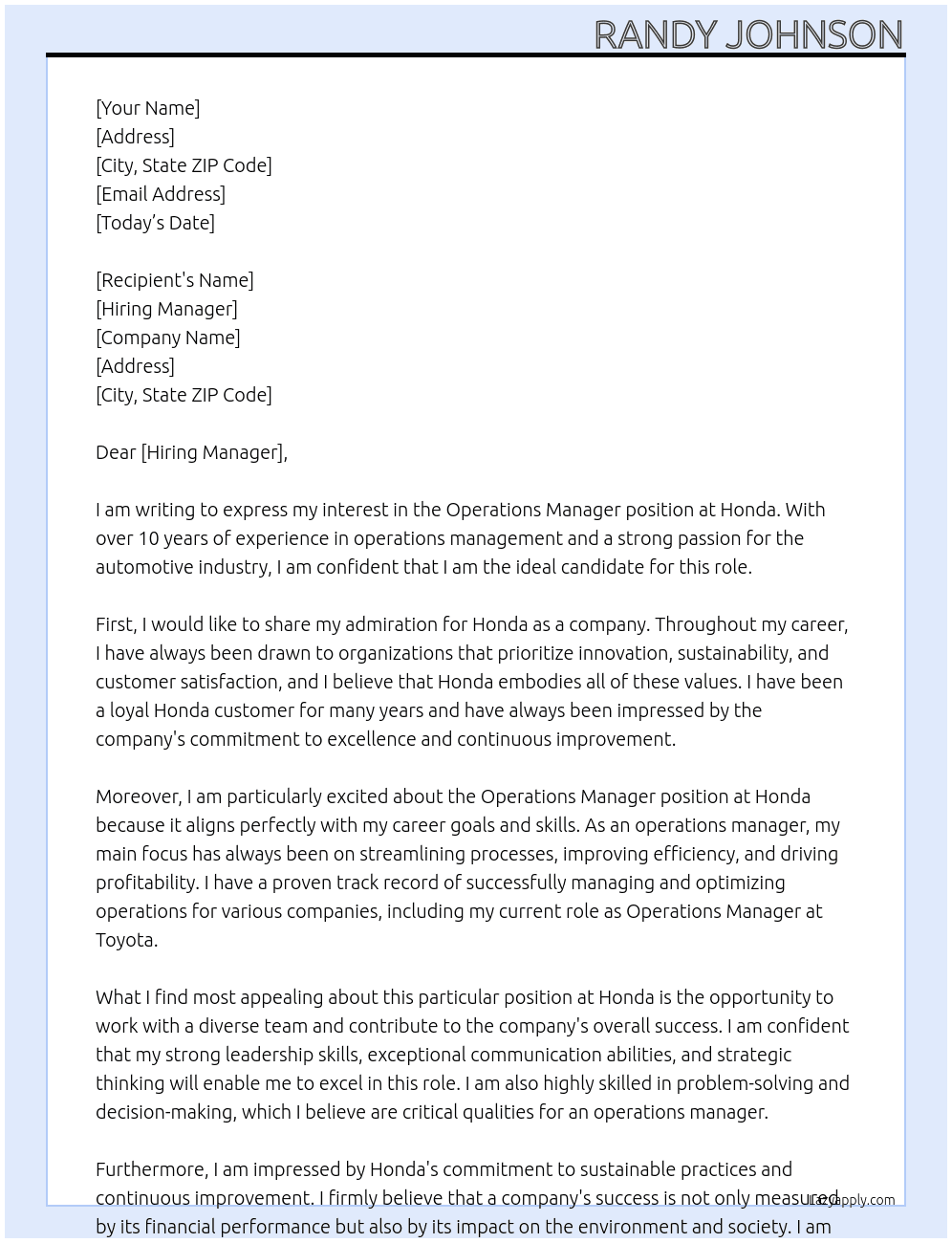 Operations Manager At Honda Cover Letter