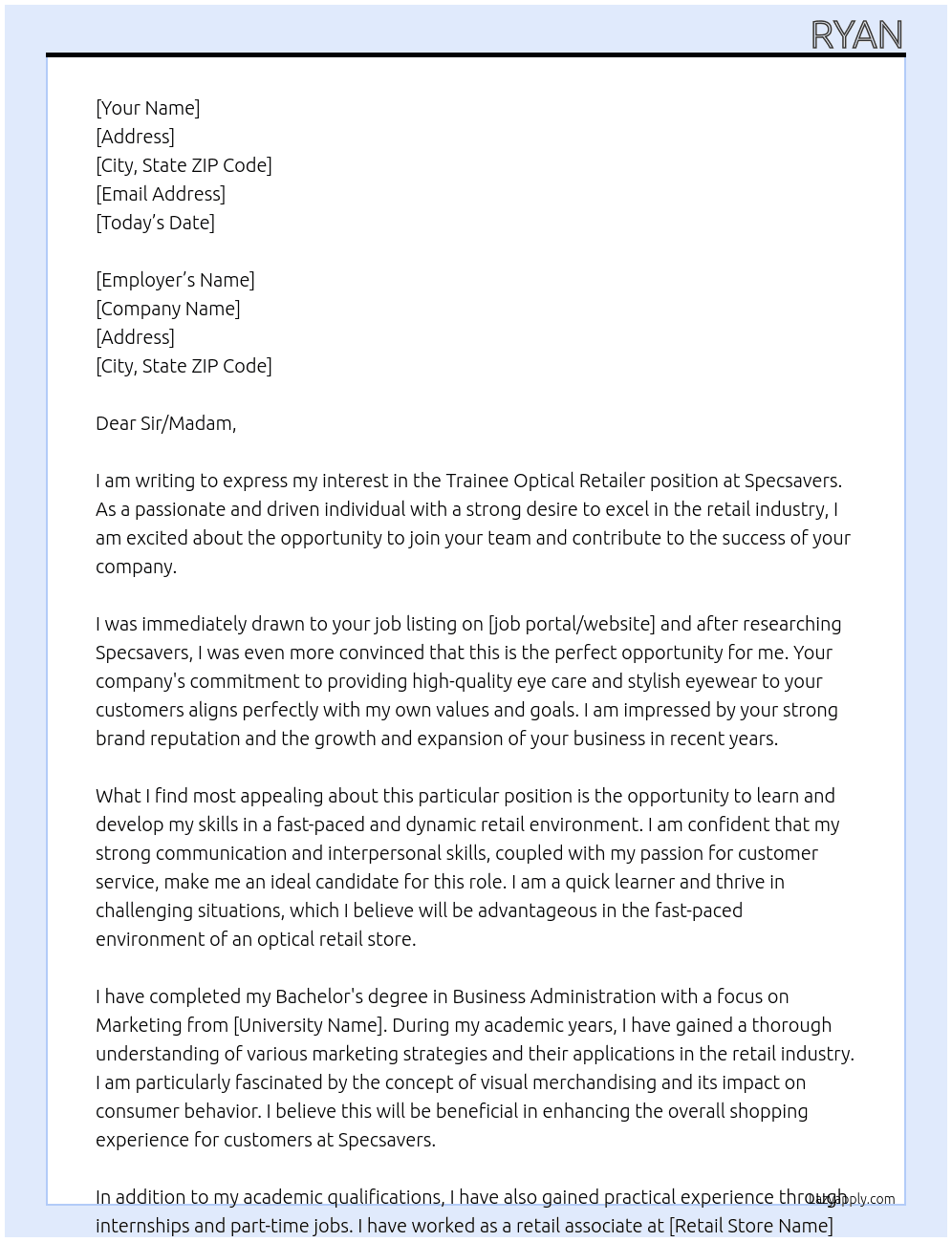 Trainee Optical Retailer At Specsavers Cover Letter