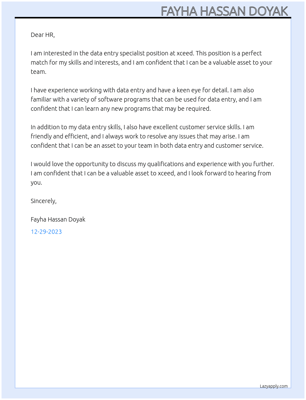 data entry specialist At xceed Cover Letter