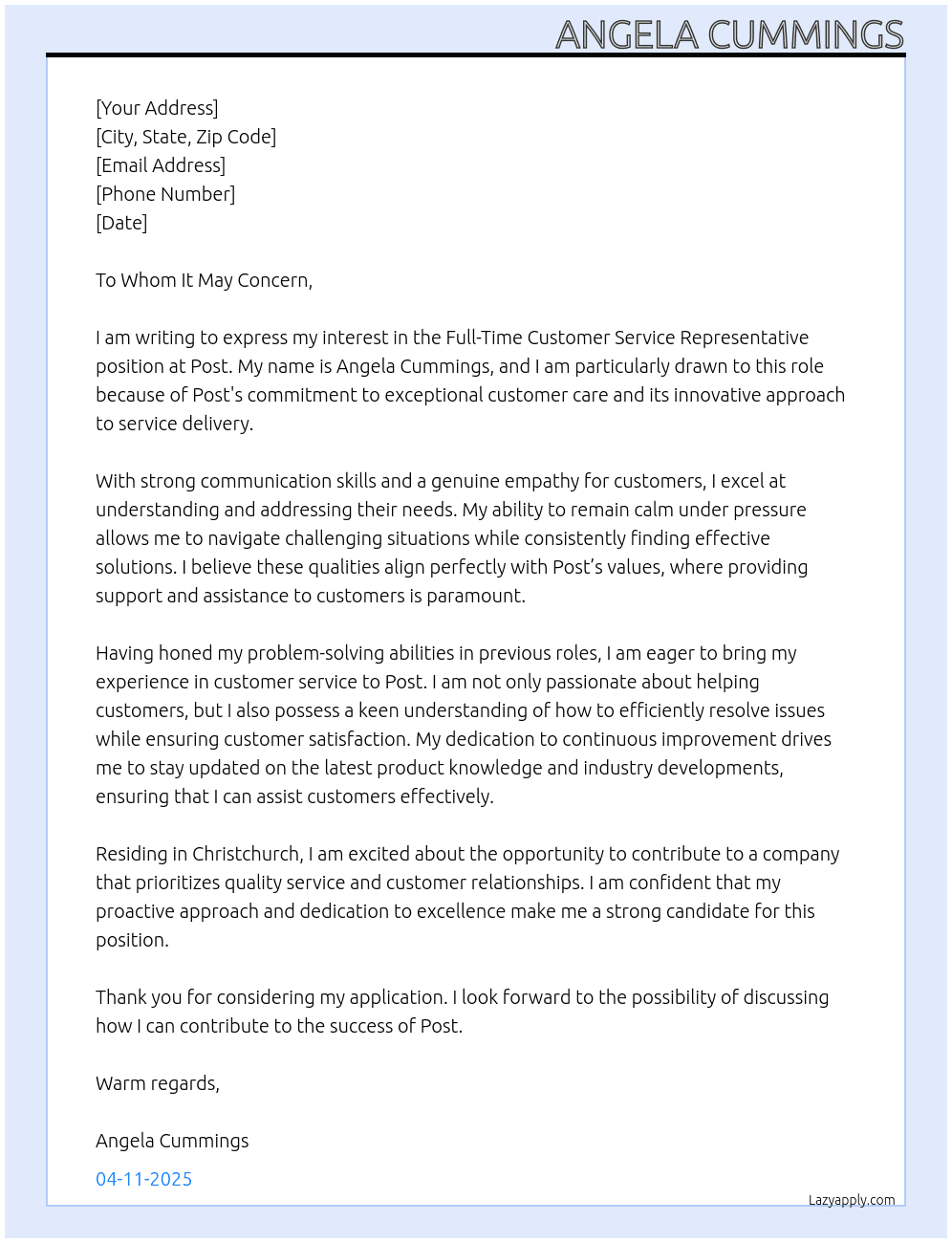Customer Service Representative At post Cover Letter