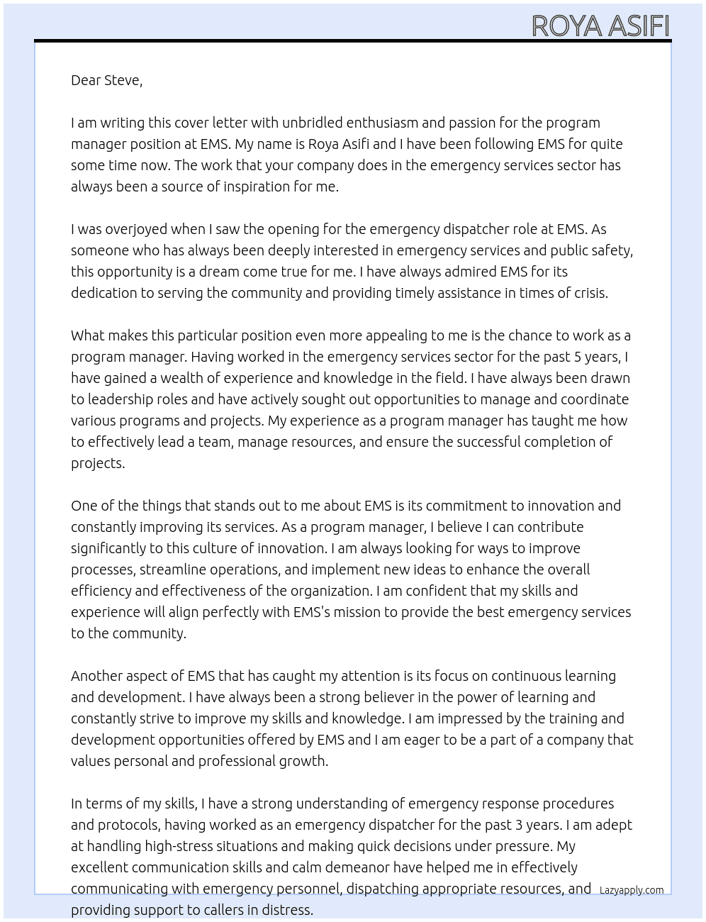 program manager At ems Cover Letter