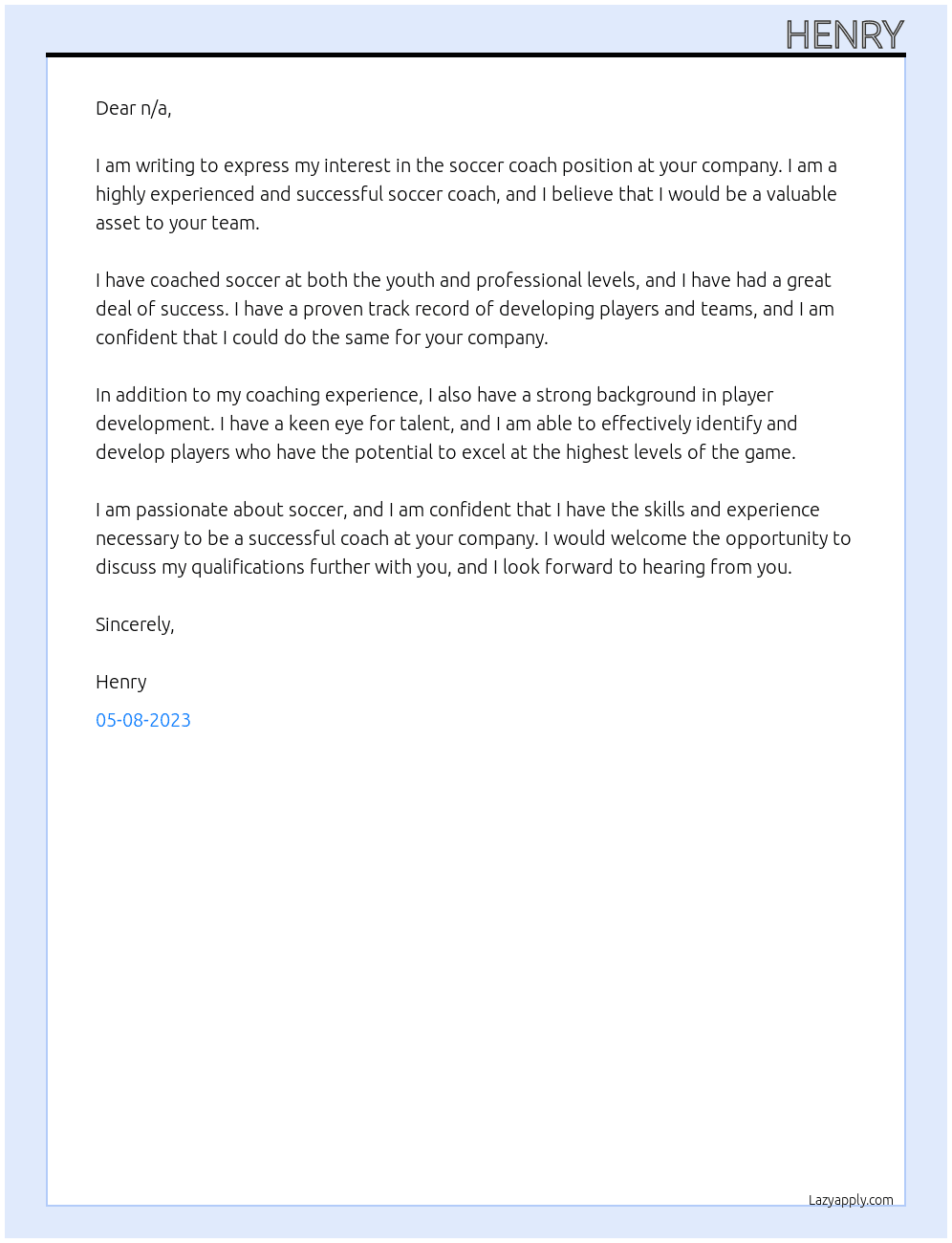 soccer coach  At n/a Cover Letter