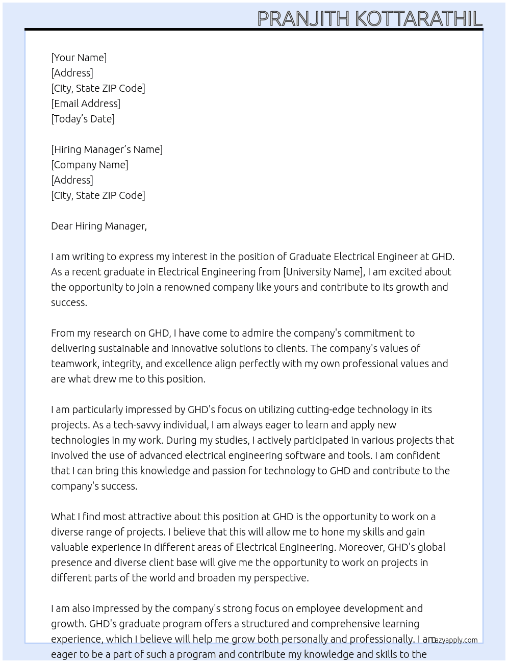 Graduate Electrical Engineer At GHD Cover Letter