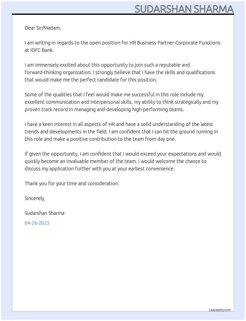 HR Business Partner-Corporate Functions fresher At IDFC Bank Cover Letter