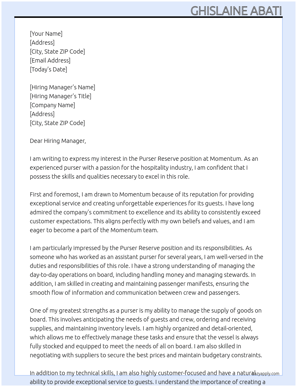 Purser Reserve At Momentum Cover Letter
