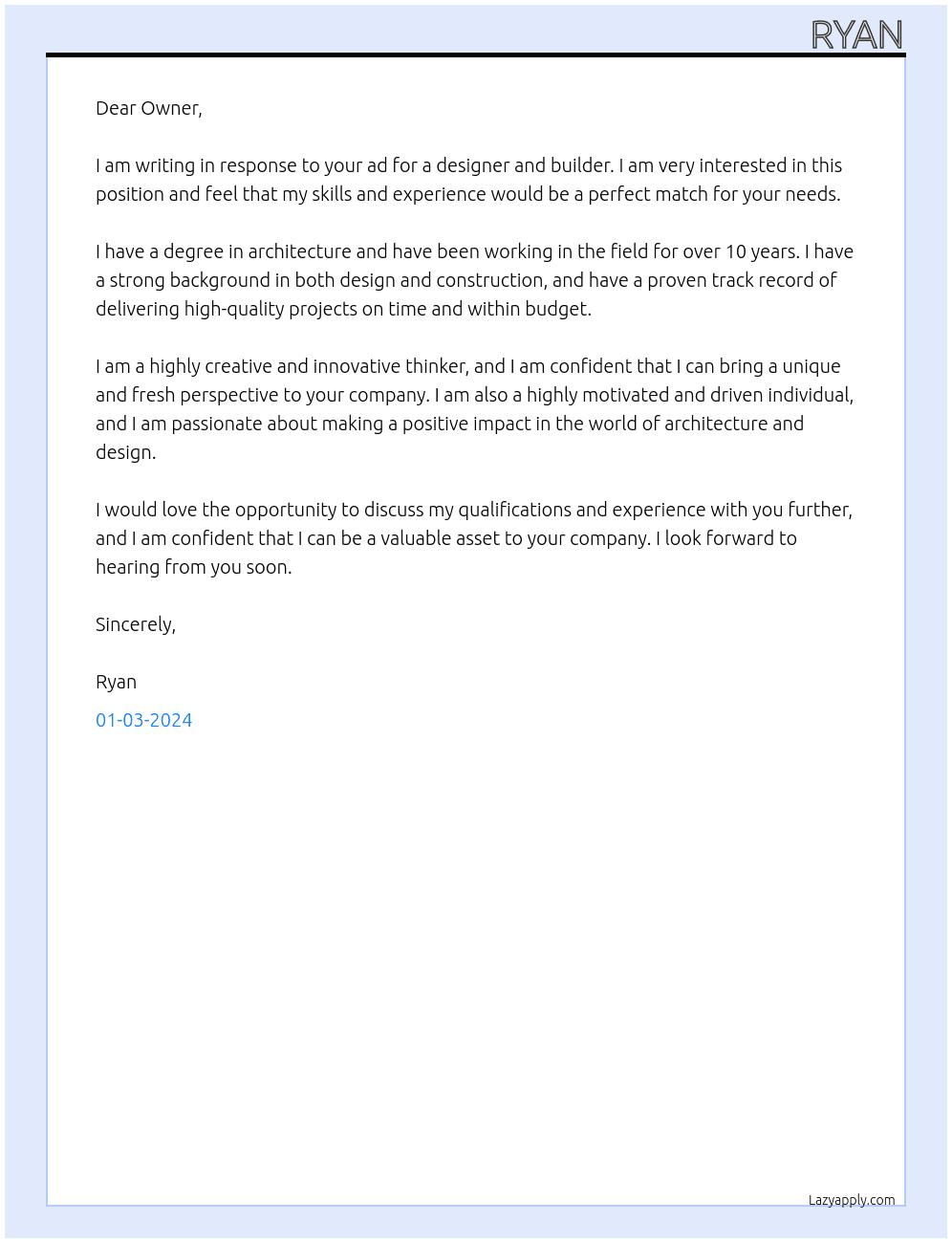 designer and builder At Matchless Cover Letter