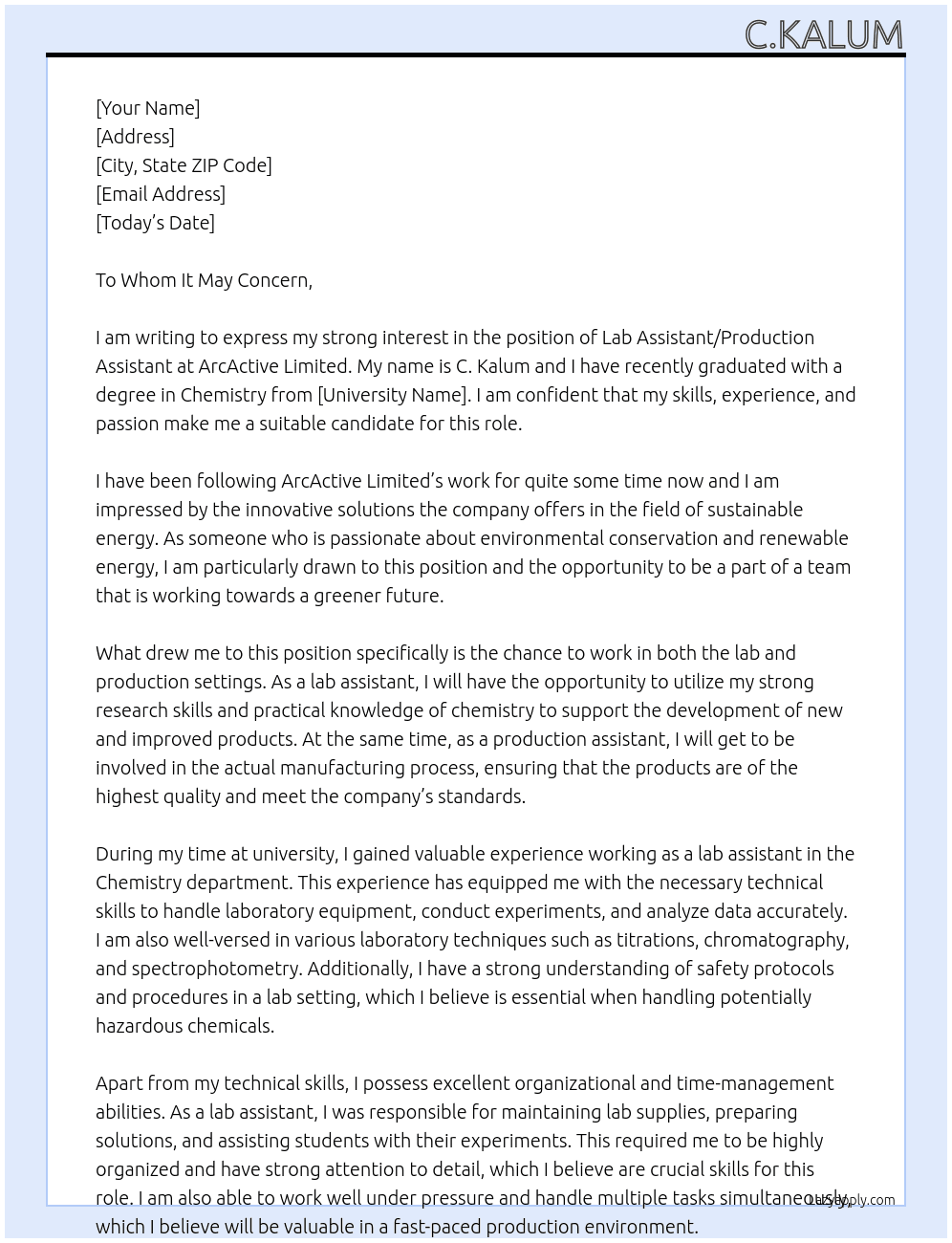 LAB ASSISTANT/production assistant At ArcActive Limited Cover Letter