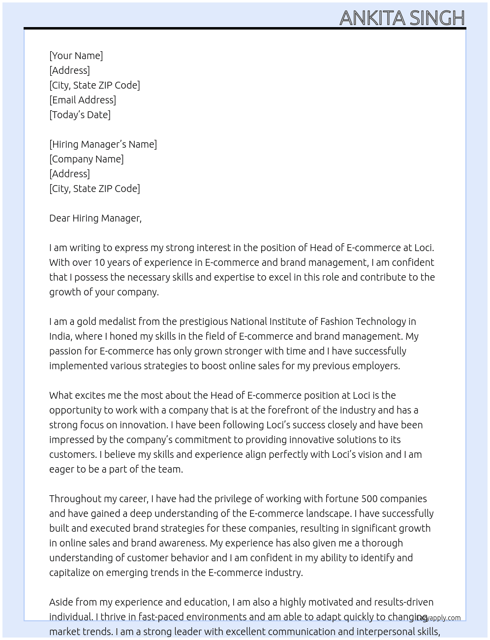 Head of E-commerce  At Loci Cover Letter