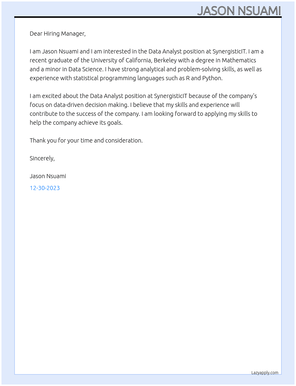 Data Analyst  At SynergisticIT Cover Letter