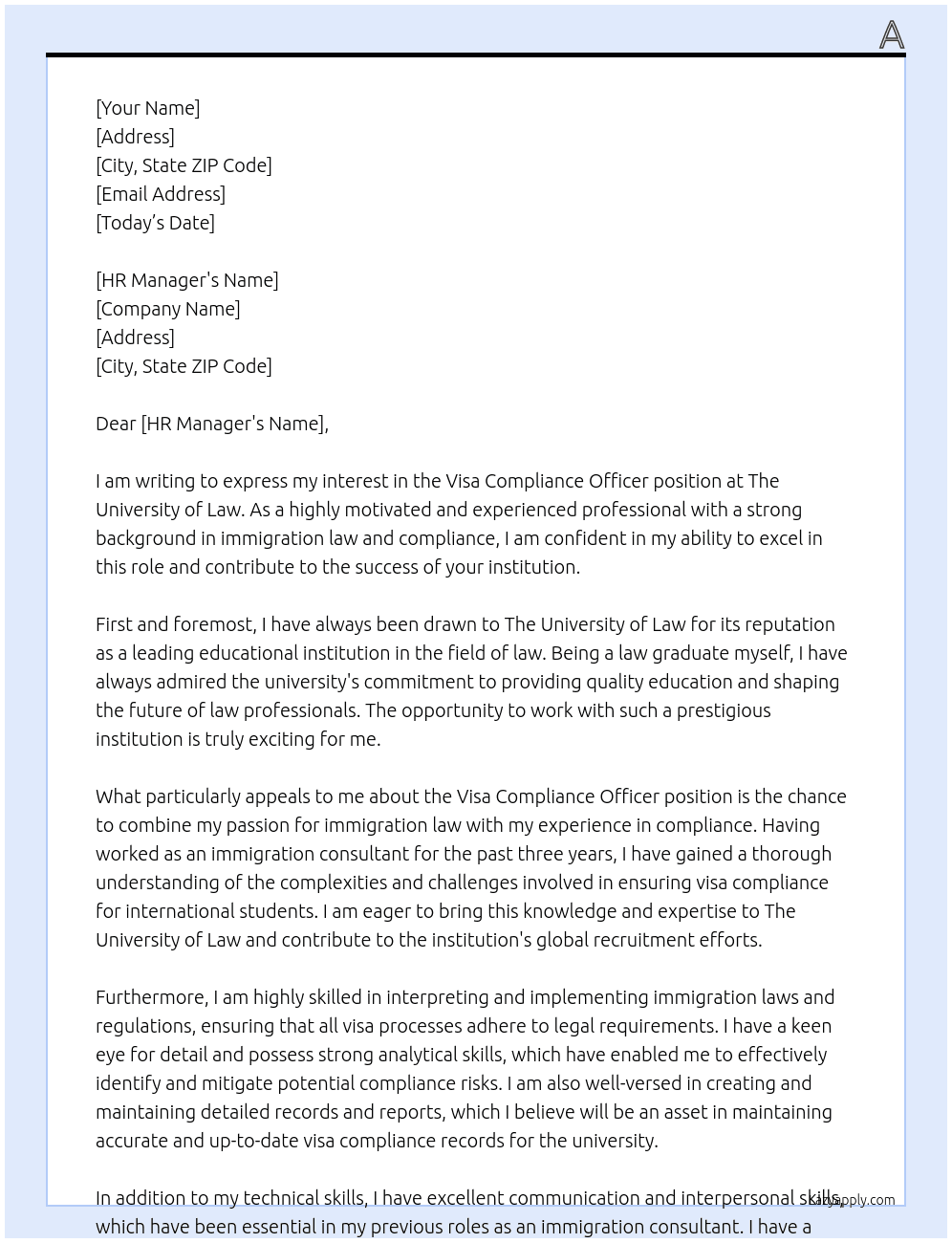 Visa Compliance Officer At The University of Law Cover Letter