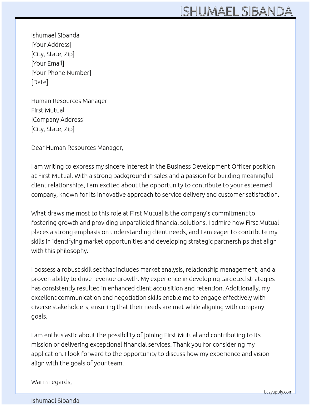 Business development officer  At First Mutual  Cover Letter