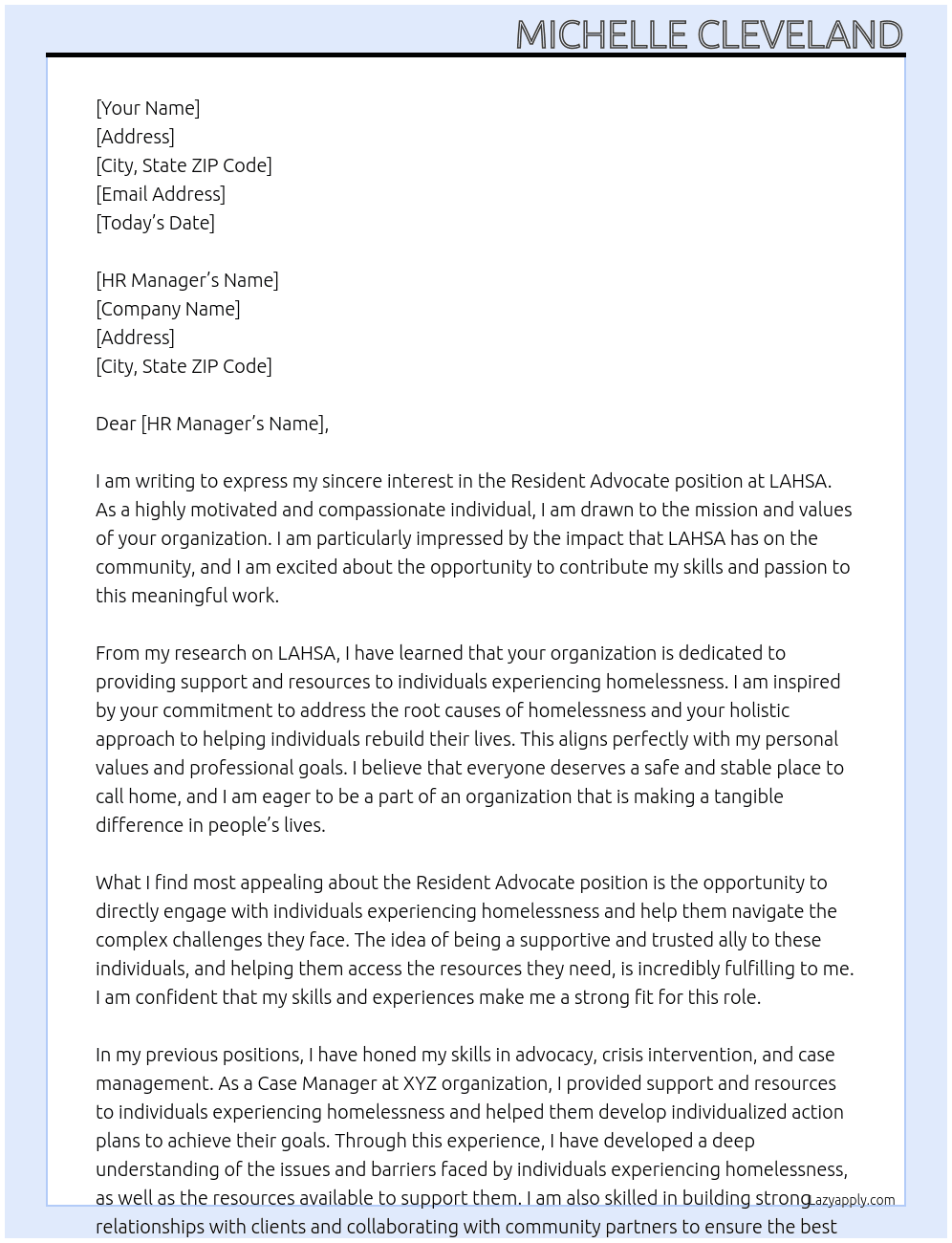 Resident Advocate At LAHSA Cover Letter