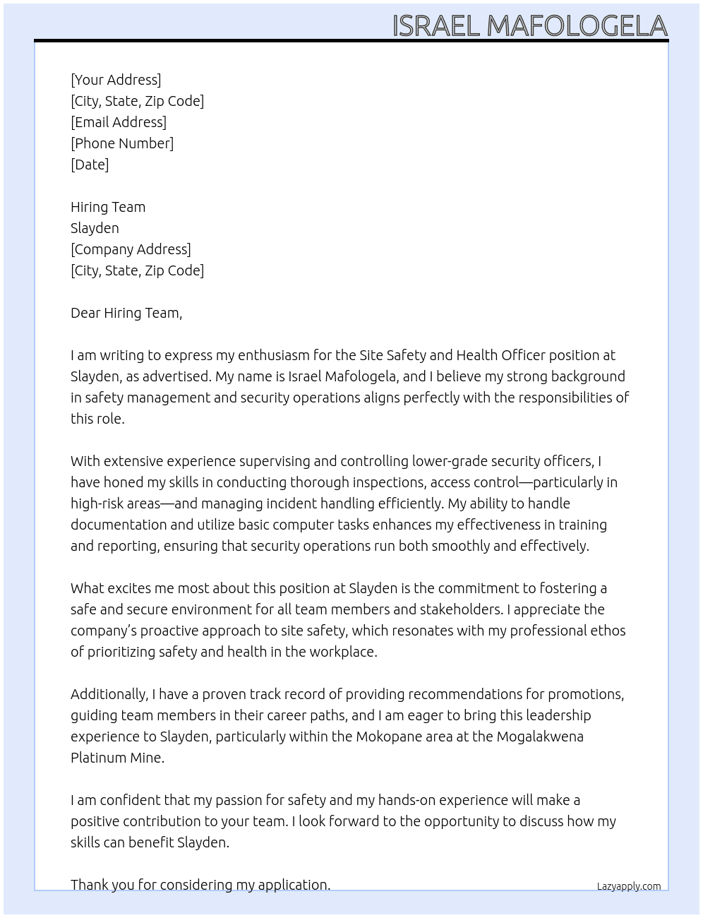 Site Safety and Health Officer  At Slayden Cover Letter