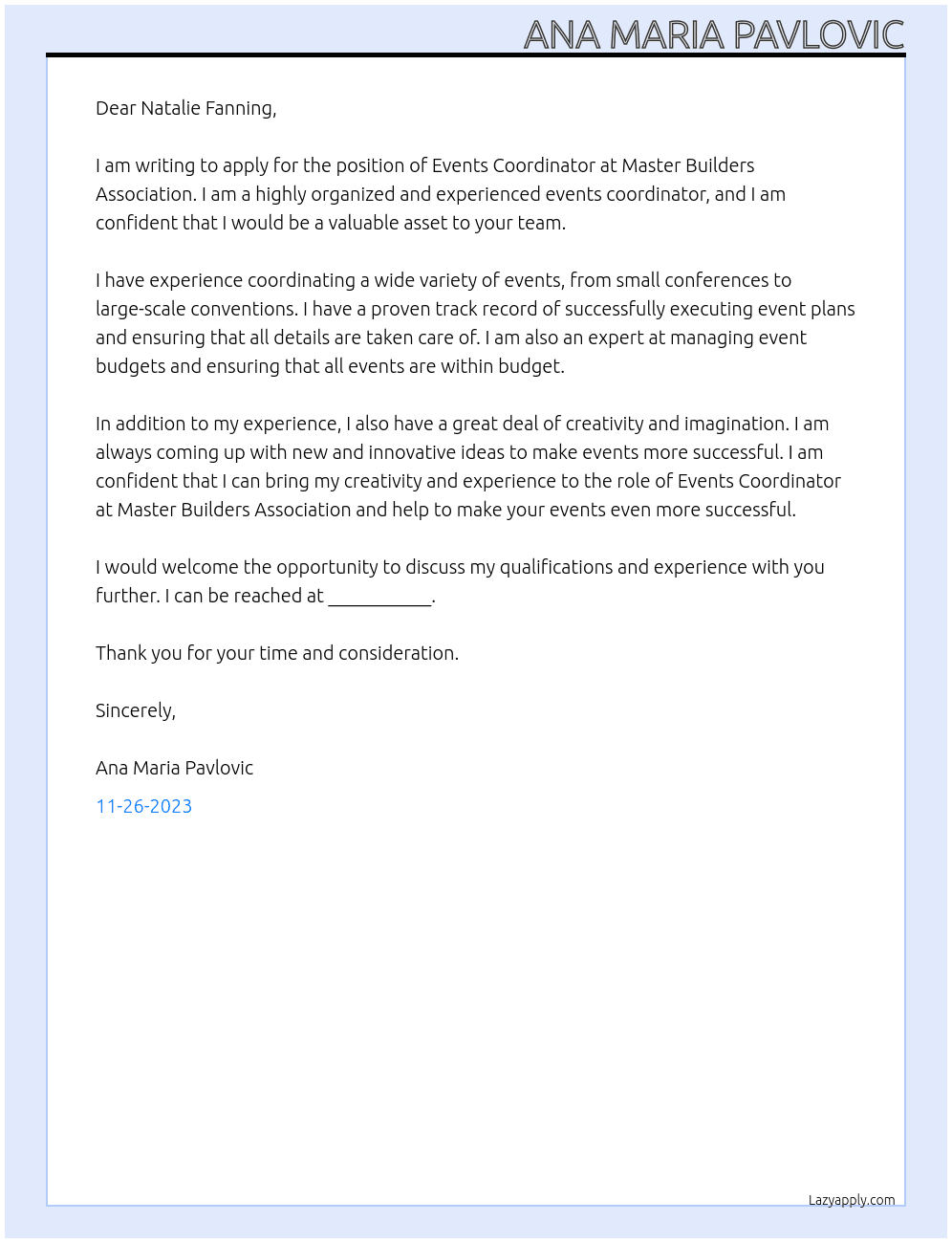 Events Coordinator At Master Builders Association Cover Letter