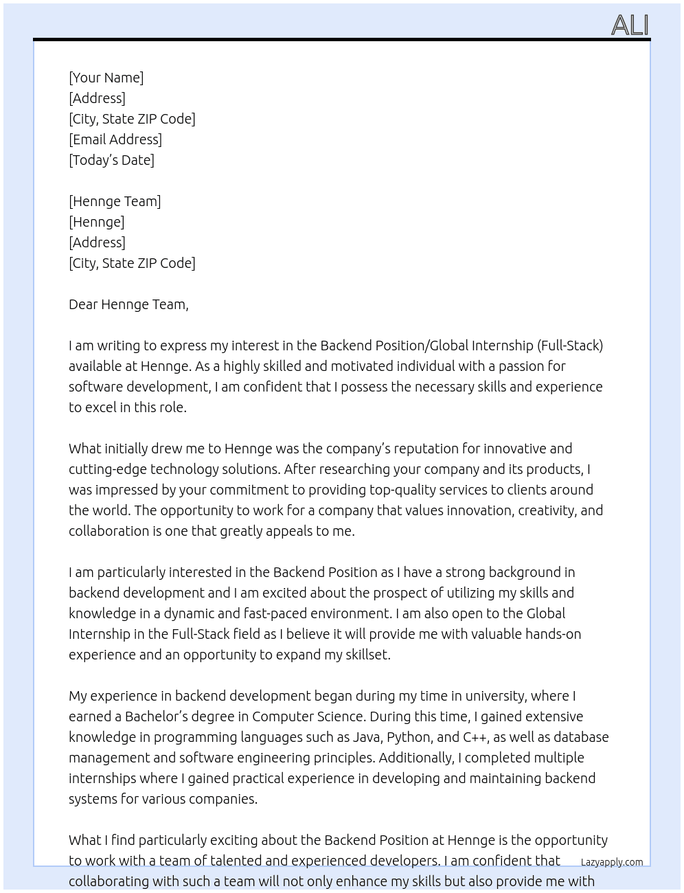 backend position or global internship (full-stack)  At Hennge Cover Letter
