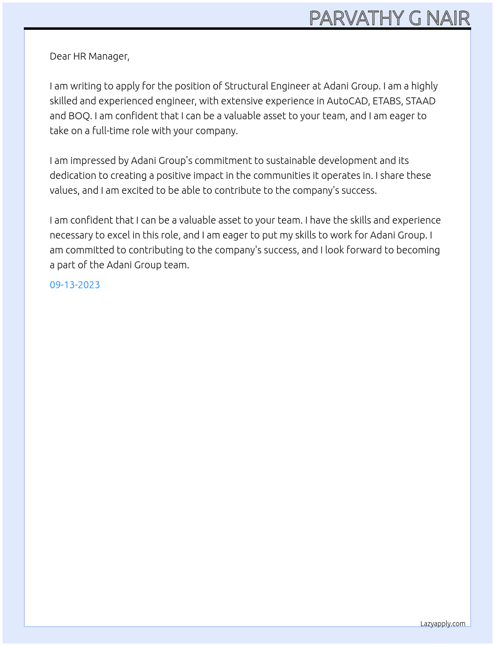 structural engineer At Adani group Cover Letter