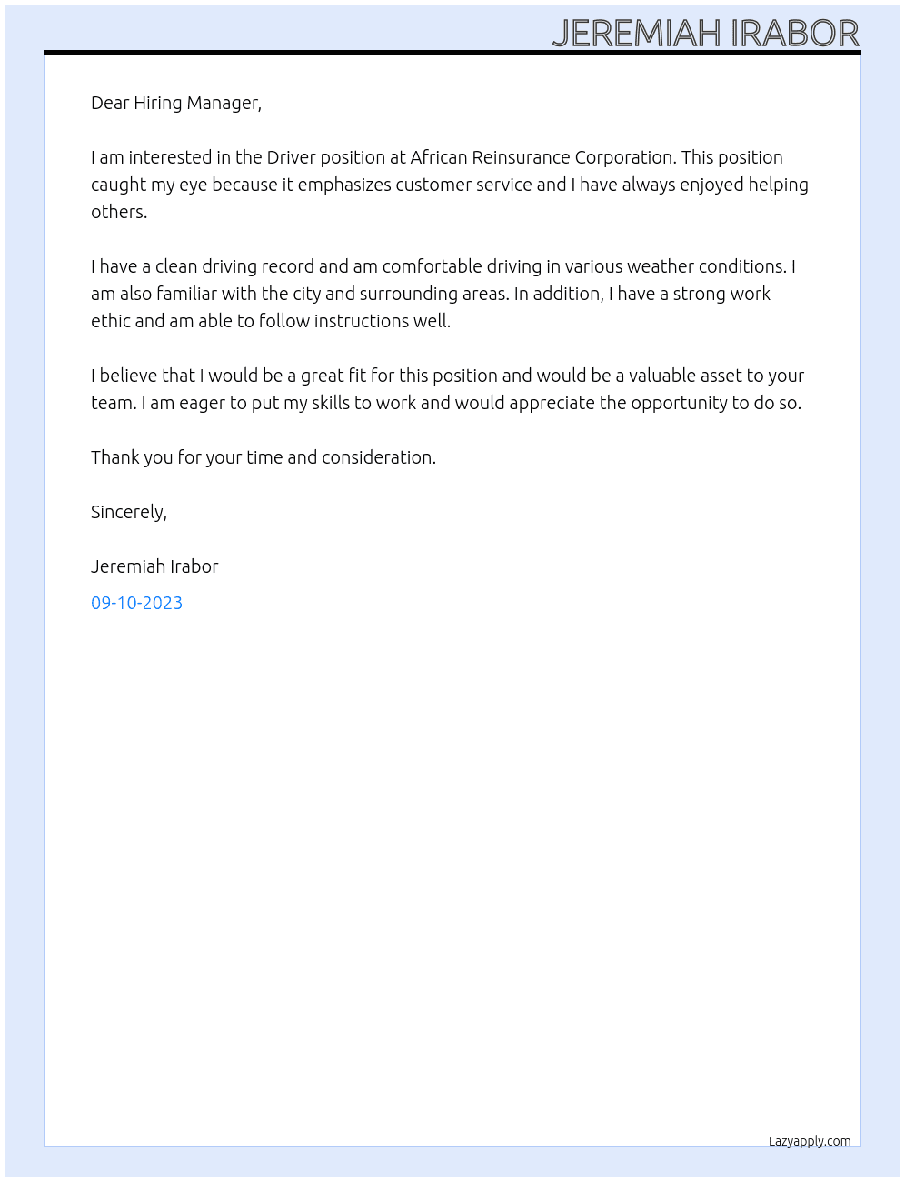 DRIVER At African Reinsurance Corporation Cover Letter