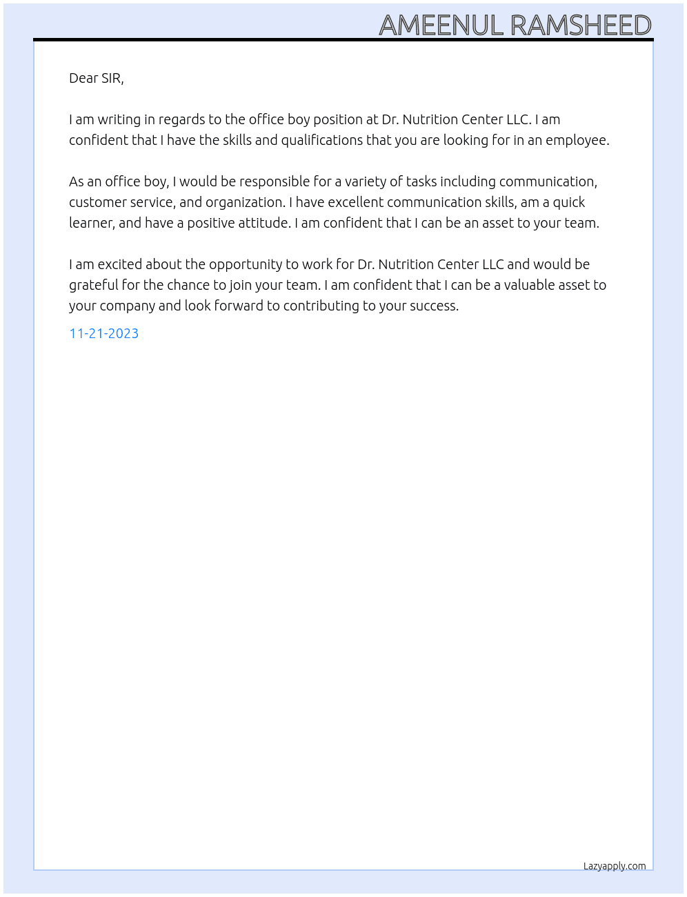 OFFICE BOY At DR. NUTRITION CENTER LLC Cover Letter